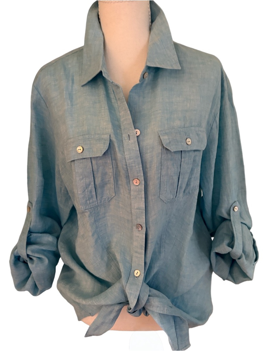 Saks Fifth Avenue Linen Button Front Shirt in Robbins Egg BlueSize XL - Picture 2 of 10